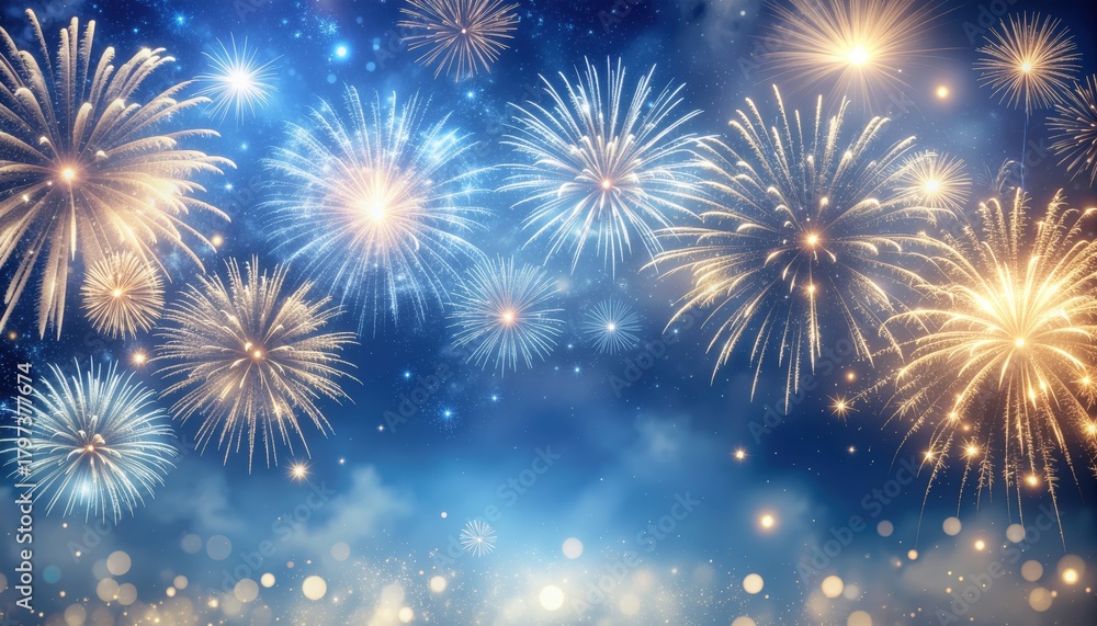 Naklejka premium Celebratory fireworks display over city skyline nighttime event festive atmosphere colorful explosions captivating viewpoint holiday celebration for seo impact