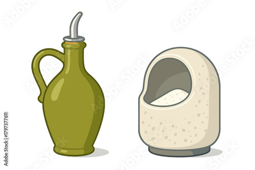 Olive oil cruet and salt cellar kitchen condiments set isolated on white