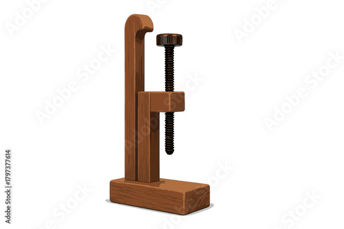 Detailed wooden clamping device featuring a large threaded screw and smooth wood grain texture