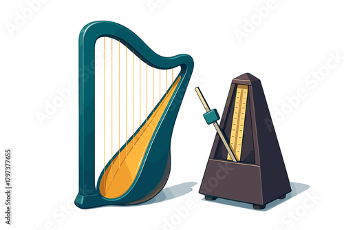 Elegant musical instruments, a classic wooden metronome and a stylized harp, isolated on white