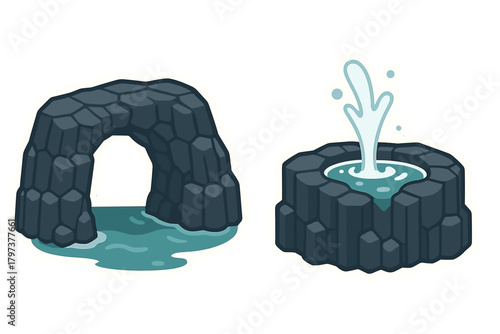 Dark basalt rock formations featuring a sea cave arch and a natural water geyser