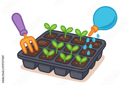 Watering young plant sprouts in a seed starting tray next to a colorful gardening hand tool