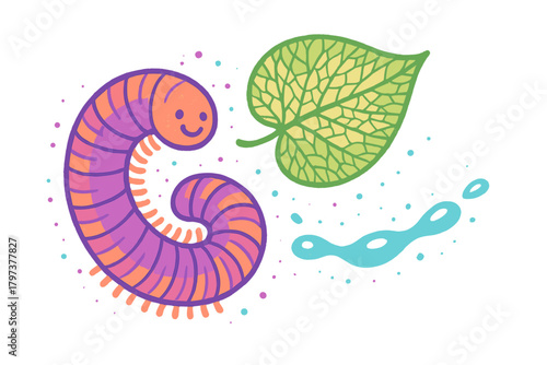 Happy cartoon caterpillar next to a vibrant green leaf and blue water splash on white background