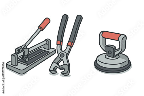 Manual tile cutter, nippers, and suction cup lifter for ceramic installation work
