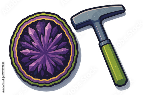 Geological rock hammer and purple amethyst crystal geode cross section for geology exploration