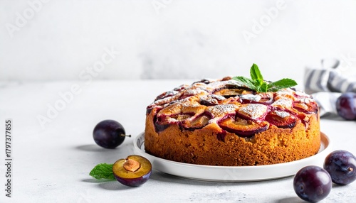 Delicious plum cake on a white plate with fresh plums sprinkled with powdered sugar minimal style bright and airy photo.