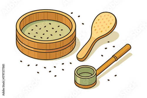 Traditional Japanese wooden tub, scoop, and ladle for bathing or spa ritual