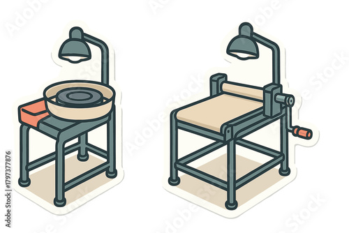 Professional pottery wheel and slab roller machinery used for shaping and flattening clay in a ceramics studio