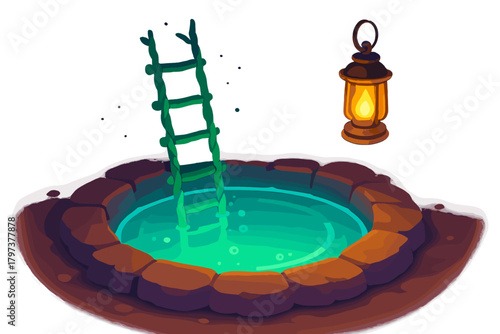 Mysterious glowing stone well with a vine ladder and antique oil lantern