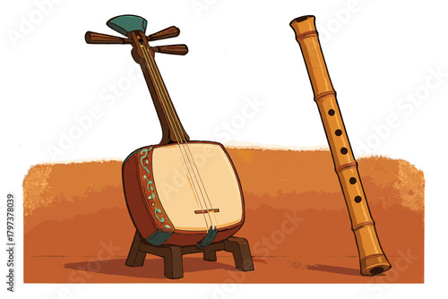 Traditional Japanese musical instruments Shamisen and Shakuhachi bamboo flute standing together