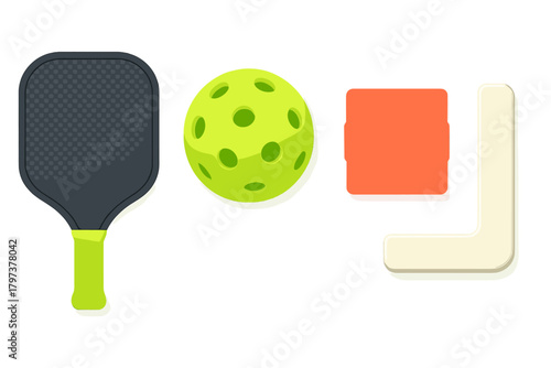 Pickleball paddle, perforated wiffle ball, and court boundary markers