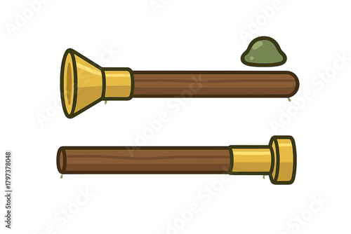 Antique style wooden spyglass and small green helmet isolated on white background