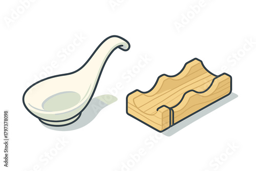 White ceramic Asian soup spoon resting on a wooden holder for kitchen or dining table setting