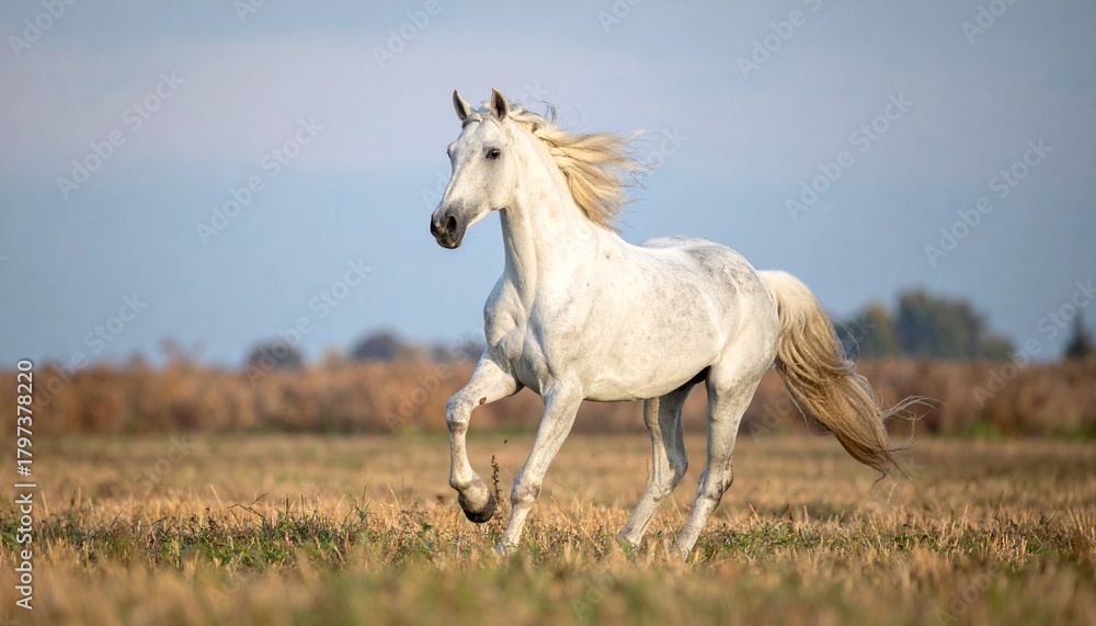 Obraz premium Majestic White Arabian Horse Galloping Freely in a Golden Field Capturing its Grace and Power in a Stunning Outdoor Setting.