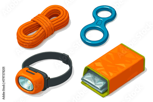Essential climbing and survival equipment including rope, headlamp, descender, and emergency blanket