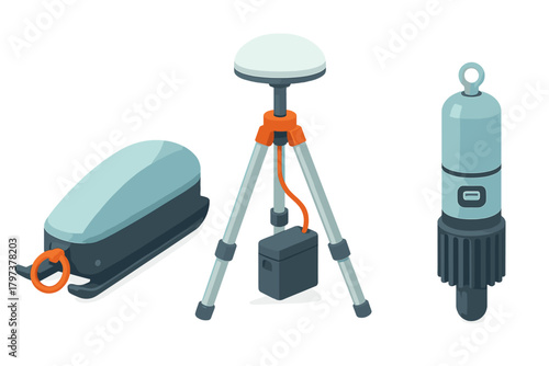 Professional surveying equipment set with GNSS receiver, tripod, and data logger devices