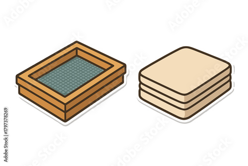 Paper making process equipment with screen mold and stack of finished sheets