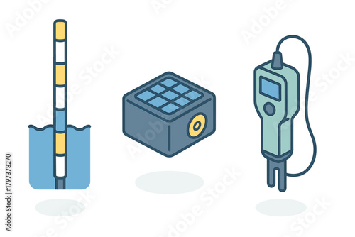 Isometric collection of sensors, measuring stick, and digital handheld meter