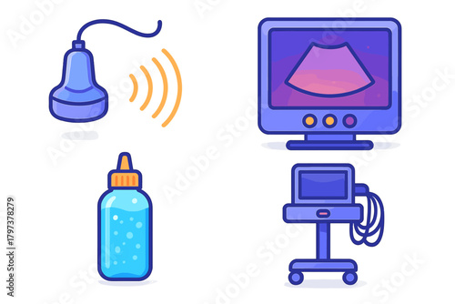 Medical ultrasound equipment icons set including transducer, monitor, gel, and console
