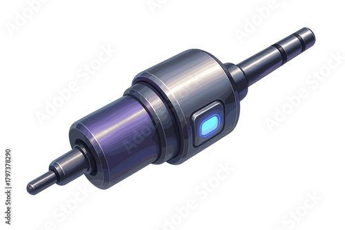 Futuristic metallic audio connector or high-tech industrial probe with glowing purple element and blue indicator light