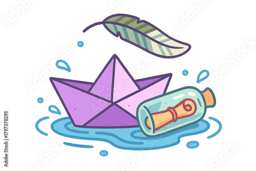 Purple origami boat floating with a glass bottle containing a secret scroll and a green feather