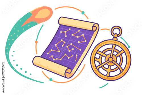 Golden astrolabe, star map scroll, and comet representing ancient celestial navigation tools