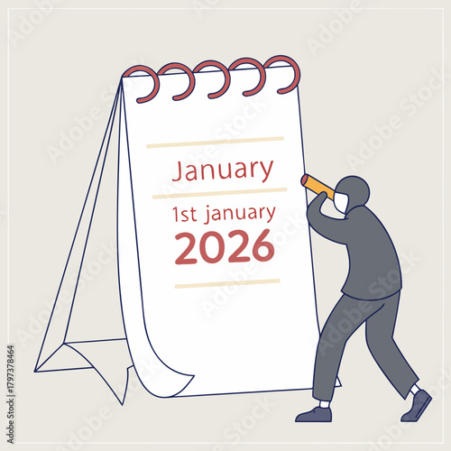 A contemplative figure gazes through a telescope at a calendar marking january 1st, 2026, , symbolizing foresight and anticipation