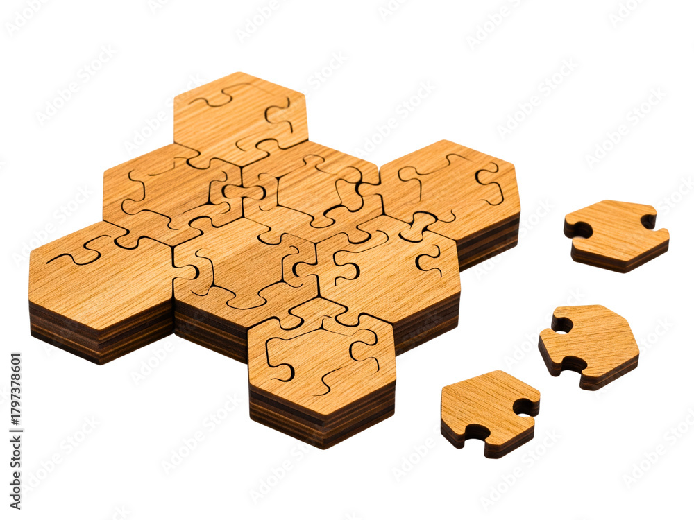 Fototapeta premium Wooden brain teaser puzzle with hexagonal interlocking pieces on a transparent background