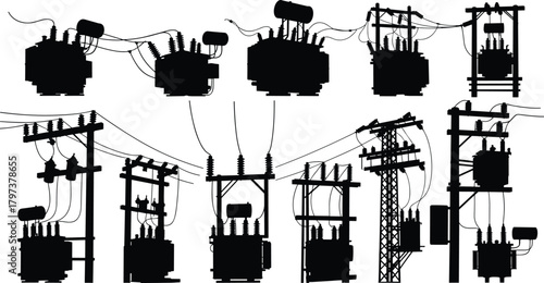 Silhouette vector illustration of electrical transformers and utility poles—power grid infrastructure, voltage system, energy distribution layout for engineering reference