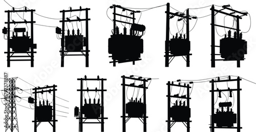 Silhouette vector illustration of electrical transformers and utility poles—power grid infrastructure, voltage system, energy distribution layout for engineering and planning reference