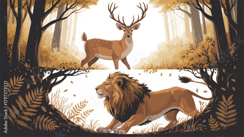 Digital fantasy illustration of a deer and lion facing each other in a mystical golden forest with warm light and autumn foliage.