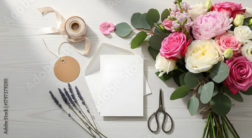Fototapeta Naklejka Na Ścianę i Meble -  Beautiful floral arrangement with roses and peonies blank card twine and scissors on a white wooden surface