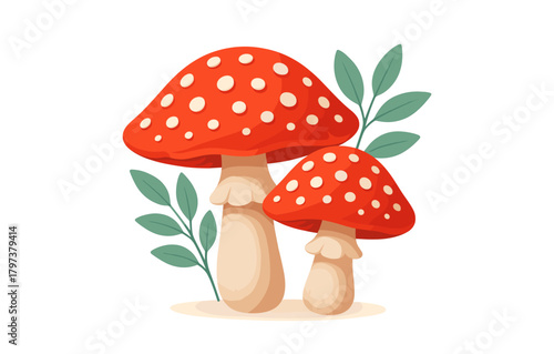 Colorful toadstool mushrooms with green leaves in flat design on white background