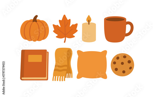 Cozy autumn essentials: pumpkin, leaf, candle, and more fall comforts