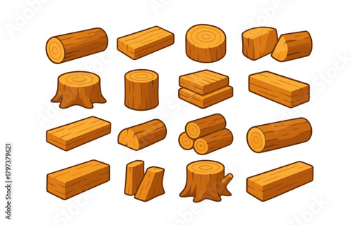 Various wooden log and stump designs in flat style for firewood concepts
