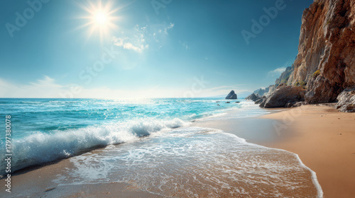 Fototapeta Naklejka Na Ścianę i Meble -  Sunny beach sea sand wave sunlit coastline cliff turquoise water bright sky serene summer vacation calm shore