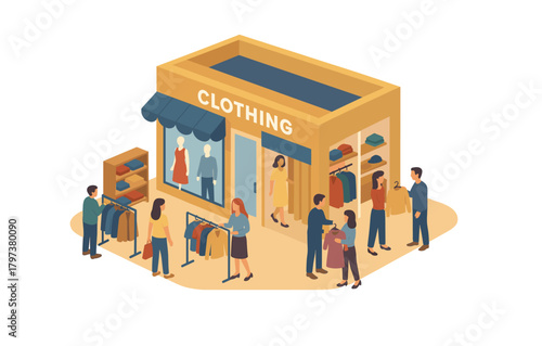 Isometric clothing store scene with shoppers and display racks