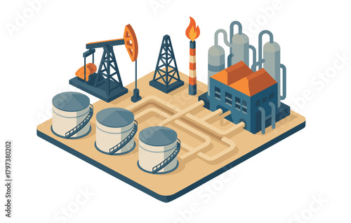 Isometric oil refinery with industrial equipment and pipelines