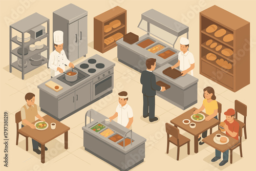 Isometric bakery kitchen scene with people dining and cooking