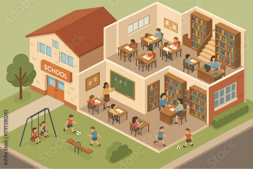 Isometric school day: learning, playing, and teaching in a classroom environment