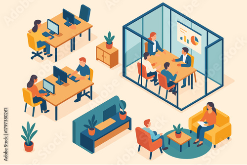 Modern office workspace with collaborative meeting scene in isometric style