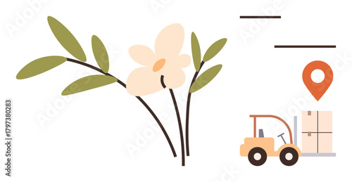 Bright flower branch alongside a forklift moving packages and a location pin. Ideal for eco-friendly transportation, sustainability, delivery service, logistics, floral business, warehouse, simple