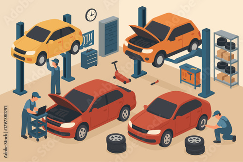 Isometric auto repair shop scene with mechanics working on vehicles in garage