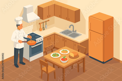Chef cooking in cozy kitchen with modern appliances and homemade dishes