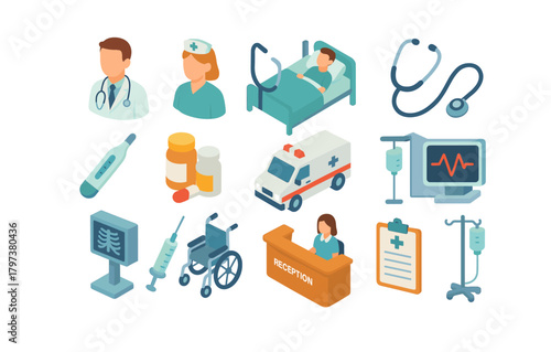 Isometric healthcare icons: medical staff, equipment, and hospital elements
