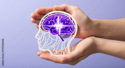 Hands hold brain cutout. Paper head with encephalography on purple background. Alzheimer, autism awareness, stroke, epilepsy, ADHD, seizure disorder, Mental and Neurological Health