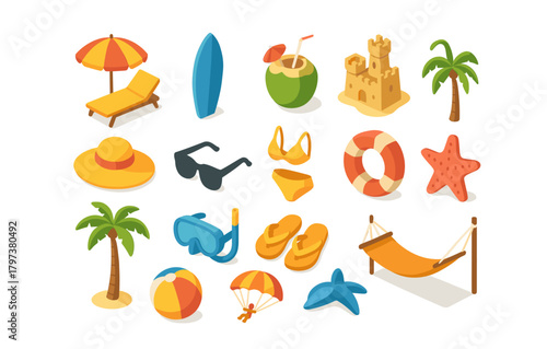 Summer beach essentials in vibrant isometric design with tropical elements