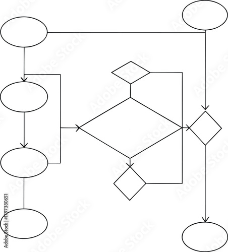 Abstract black and white line art flowchart diagram illustrating a complex decision-making process or algorithm with sequential steps and conditional branches.