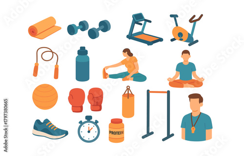 Fitness and wellness equipment collection: icons and exercise poses for an active lifestyle