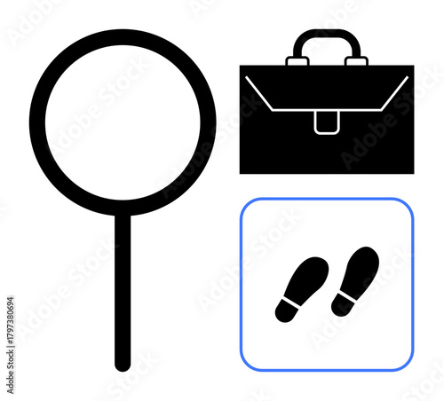 Magnifying glass, briefcase, and footprints. Ideal for themes thumbs up investigation, research, job search, exploration, discovery analysis problem-solving. Simple flat metaphor